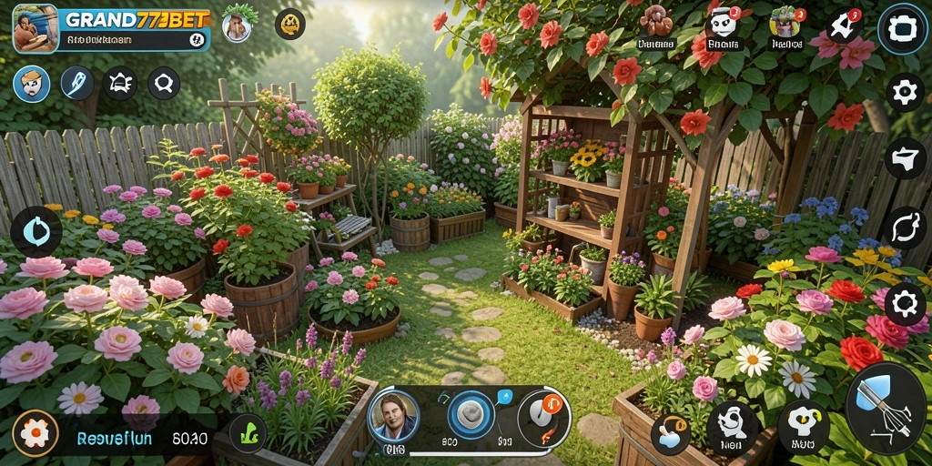Tampilan gameplay menarik dari GRAND77BET dengan berbagai tanaman yang dirawat.