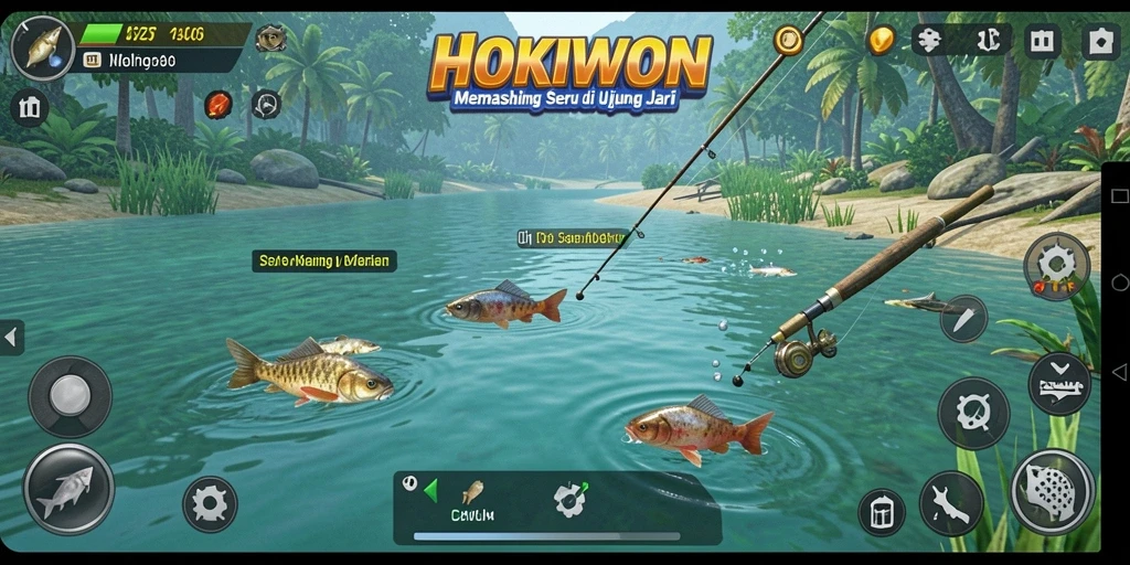 Screenshot utama HOKIWON menampilkan pemancing sedang merasakan keseruan memancing.