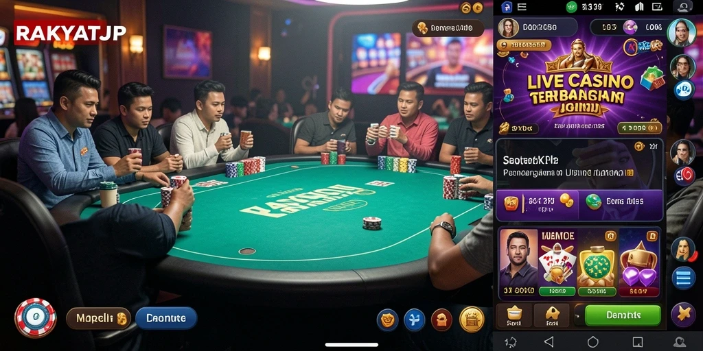 Screenshot utama RAKYATJP menampilkan dealer langsung dan suasana casino yang mengesankan.