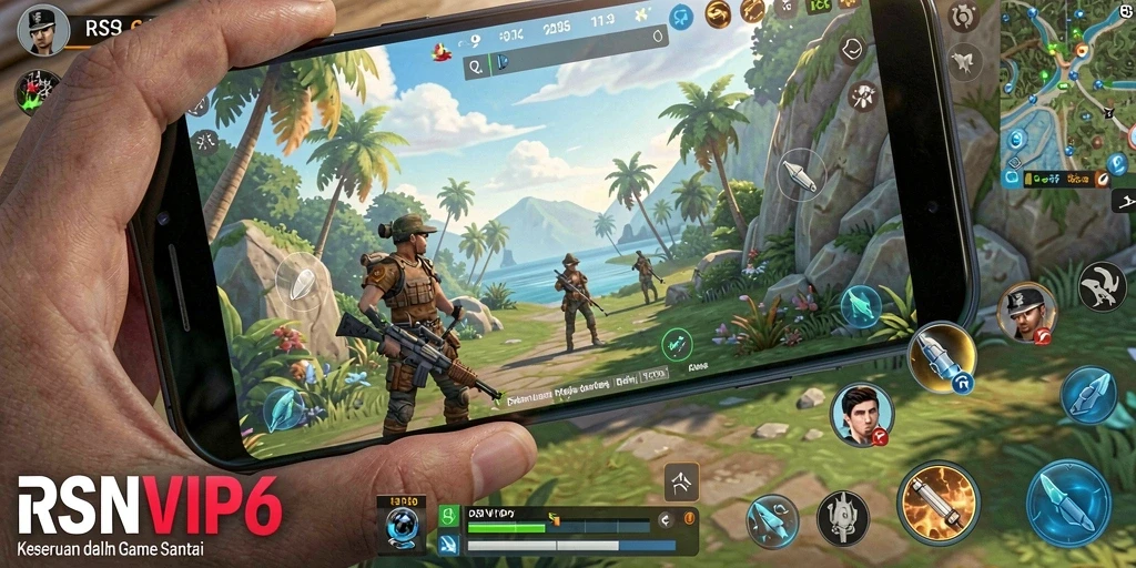 Screenshot utama RSNVIP6 menampilkan gameplay yang santai dan penuh warna.