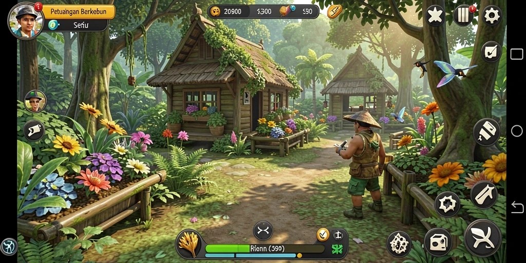Tangkapan layar S80 menunjukkan kebun yang subur dengan berbagai tanaman.