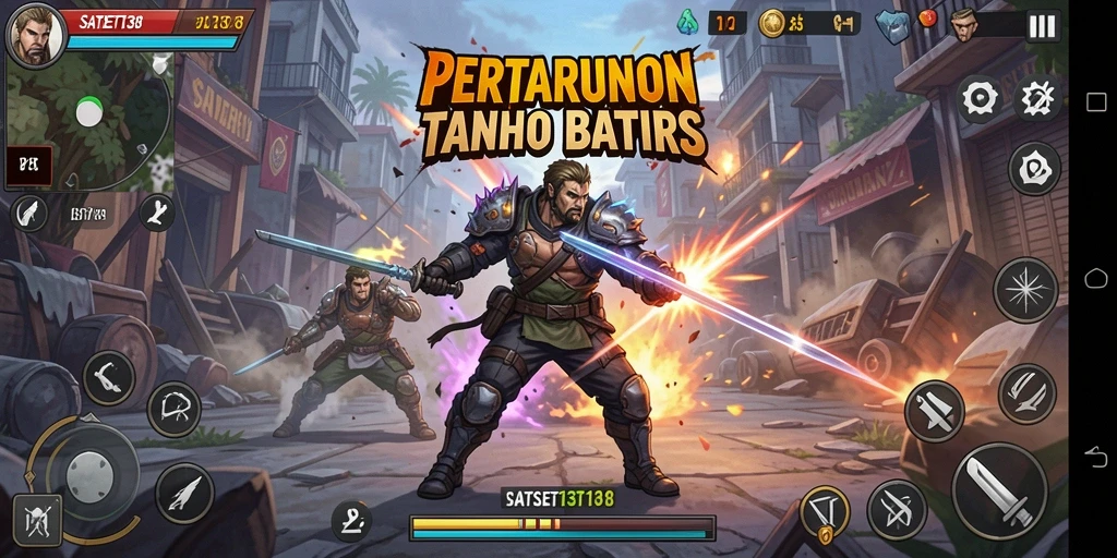 Screenshot utama SATSET138 menampilkan aksi pertarungan yang intens dan karakter-karakter unik.
