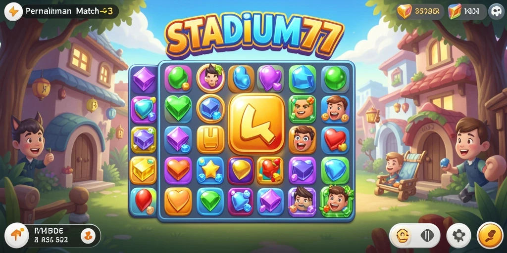 Screenshot gameplay STADIUM77 menampilkan tantangan mencocokkan item Match-3.